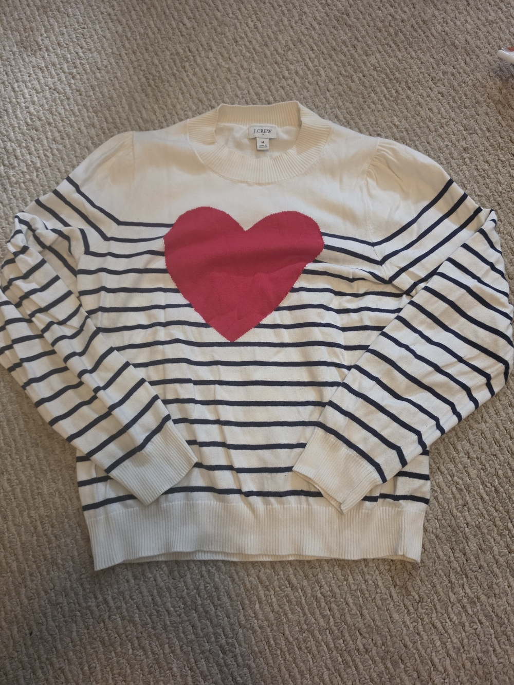 J. Crew Cream and Navy Striped Sweater with Red Heart